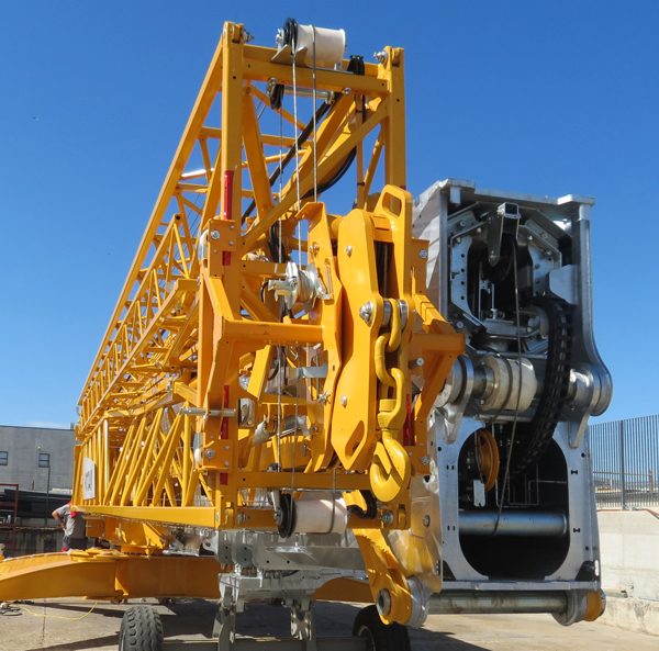 Potain self-erecting tower crane folded for transport