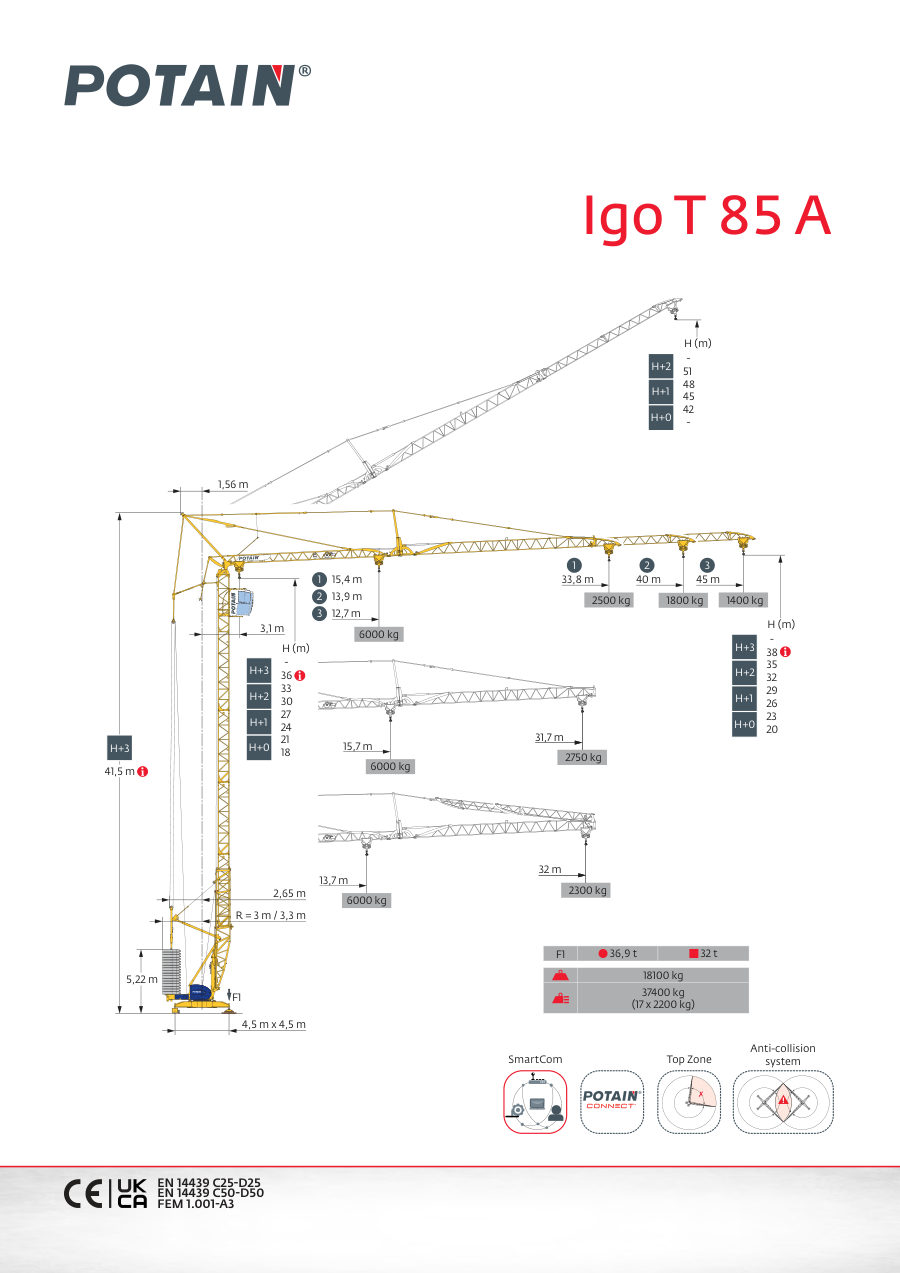 Potain datasheet drawing of the Igo T 85 A