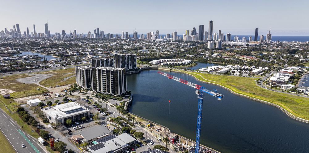 Tower crane beside the canal at Mermaid Waters, with the Gold Coast skyline behind